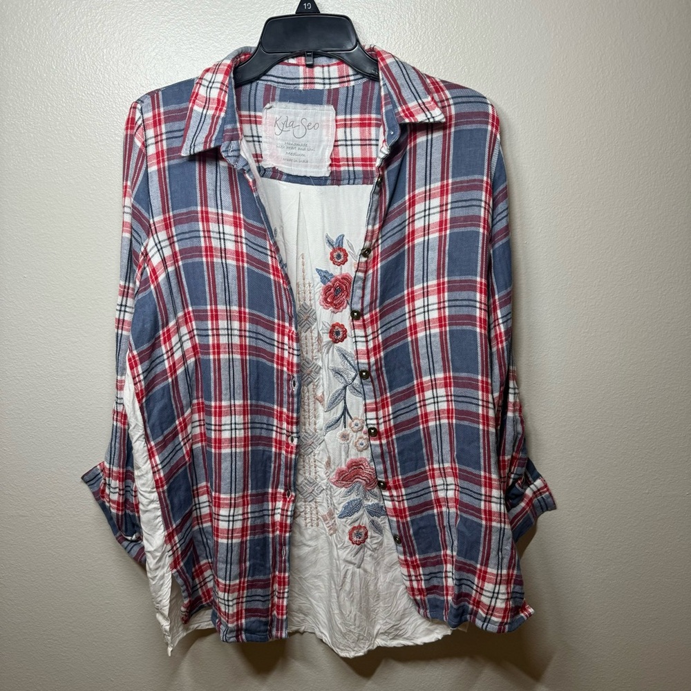 KYLA SEO Embroidered Floral Back Blue Red Plaid Front Button Down Medium